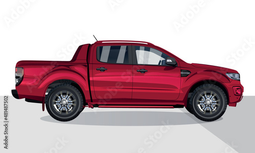 red pickup truck ,White background, Side View