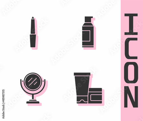 Set Cream or lotion cosmetic tube, Nail file, Round makeup mirror and Spray can for hairspray icon. Vector