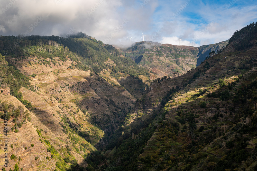 Panoramic view of the terraced fields in the valley of Ponta do Sol, destination of one of the most beautiful levada hikes on the south coast of Madeira