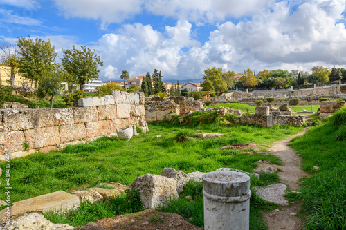 View of the ancient Sacred Way, the road from Athens to Eleusis, in the ruins of Kerameikos, the Athenian cemetery, in Athens, Greece. photo