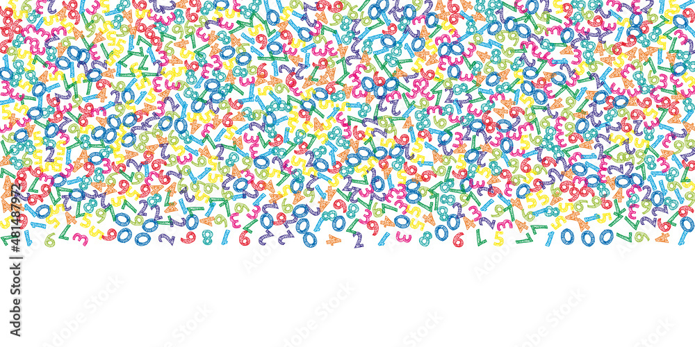 Falling colorful sketch numbers. Math study concept with flying digits. Bewitching back to school mathematics banner on white background. Falling numbers vector illustration. Falling colorful sketch numbers. Math study concept with flying digits. Bewitching back to school mathematics banner on white background. Falling numbers vector illustration.