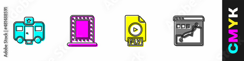 Set Actor trailer, Makeup mirror with lights, FLV file document and Histogram graph photography icon. Vector