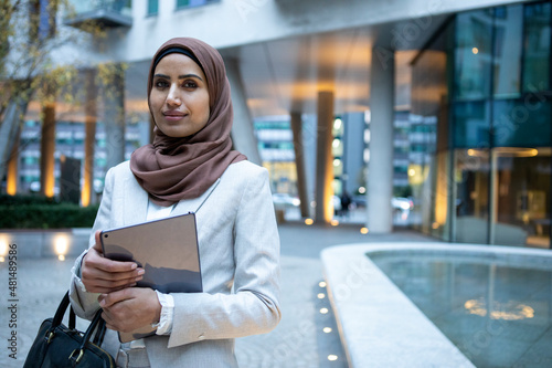 Photography UK, London, Portrait of businesswoman in hijab in city