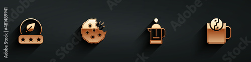 Set Tea leaf, Cookie or biscuit, French press and time icon with long shadow. Vector