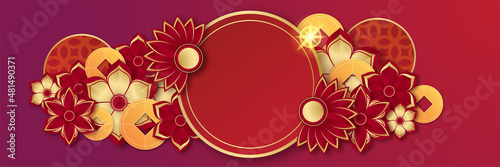 Chinese china red gold background. Chinese china new year 2022 year of the tiger red and gold flower and asian elements paper cut with craft style on background.