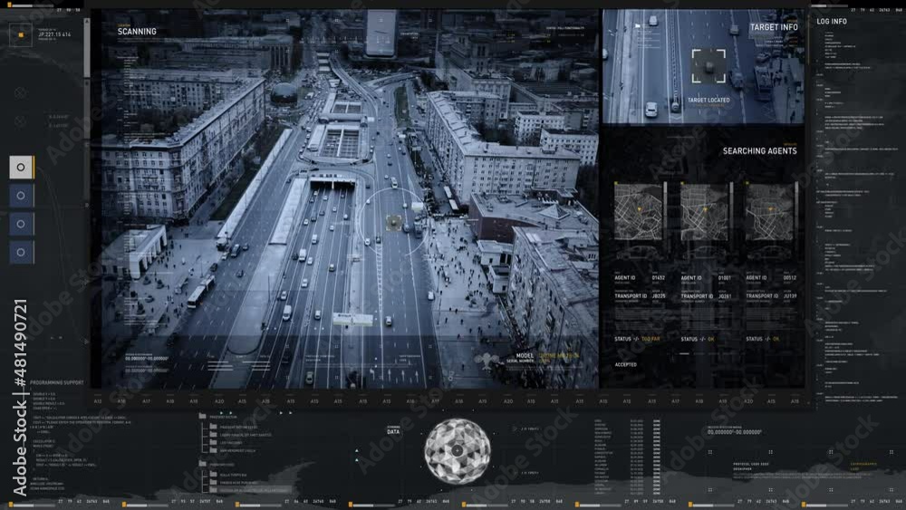 Surveillance System Tracks Possible Criminals Vehicle On Road. Drone Surveillance Tracking Cam Interface Scans Highway Crime. Car Target Position Analysis In A Surveillance Crime Tracking Mission. UI