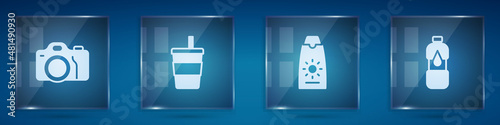Set Photo camera, Paper glass with water, Sunscreen cream in tube and Bottle of. Square glass panels. Vector