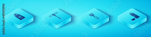 Set Isometric Sunscreen cream in tube, Wine corkscrew, Thermos container and Spatula icon. Vector