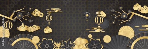 Chinese new year 2022 year of the tiger black and gold flower and asian elements paper cut with craft style on background. Universal chinese background banner. Vector illustration