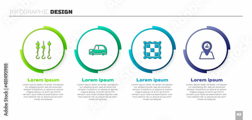 Set Grilled shish kebab on skewer, Car, Checkered napkin and Picnic location. Business infographic template. Vector