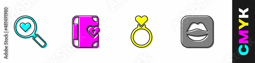 Set Search heart and love, Love diary, Wedding rings and Smiling lips icon. Vector