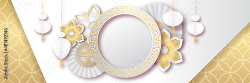 Obraz na plátne Chinese new year 2022 year of the tiger white and gold flower and asian elements paper cut with craft style on background
