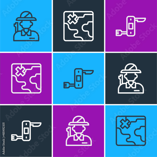 Set line Hunter, Swiss army knife and Africa safari map icon. Vector