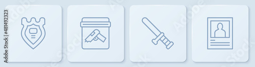 Set line Police badge, rubber baton, Evidence bag with gun and Wanted poster. White square button. Vector