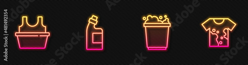 Set line Bucket with foam, Basin shirt, Bottle for cleaning agent and Dirty t-shirt. Glowing neon icon. Vector