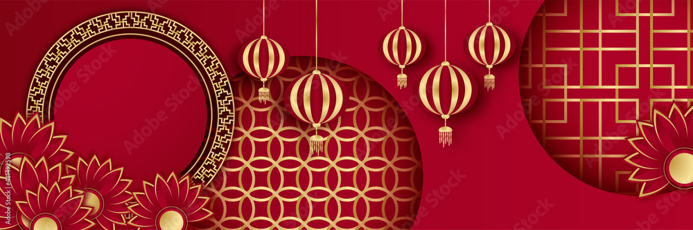 Chinese new year 2022 year of the tiger red and gold flower and asian elements paper cut with craft style on background. Universal chinese background banner. Vector illustration Chinese new year 2022 year of the tiger red and gold flower and asian elements paper cut with craft style on background. Universal chinese background banner. Vector illustration