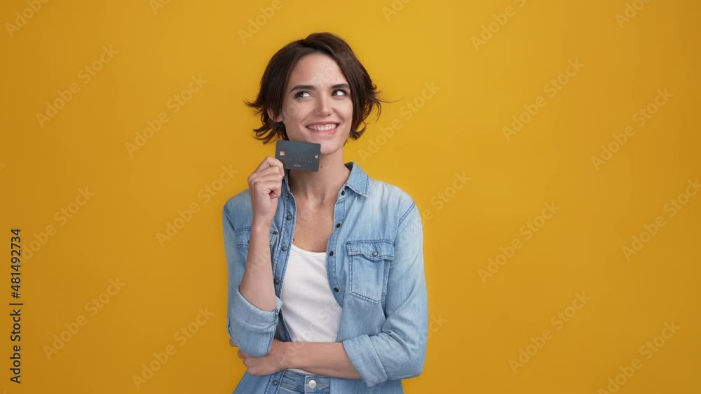 Lady credit card decide spend cashback isolated bright color background Lady credit card decide spend cashback isolated bright color background