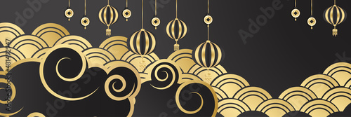 Chinese china new year 2022 year of the tiger black and gold flower and asian elements paper cut with craft style on background. Universal chinese china background banner. Vector illustration