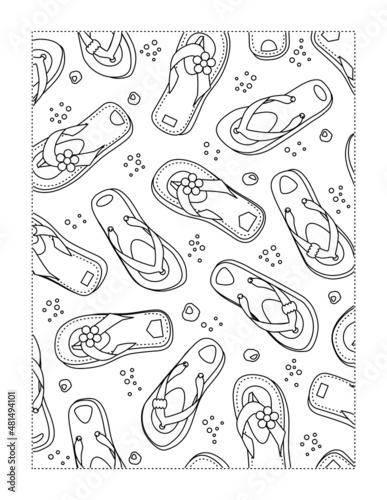 Coloring page with flip-flops on the beach sand
