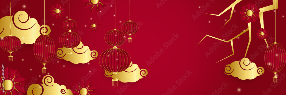 Chinese new year 2022 year of the tiger red and gold flower and asian elements paper cut with craft style on background. Universal chinese background banner. Vector illustration Chinese new year 2022 year of the tiger red and gold flower and asian elements paper cut with craft style on background. Universal chinese background banner. Vector illustration