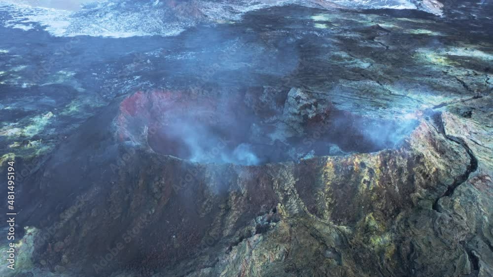 Sulfur fissure vent rising smoke in dormant Fagradalsfjall volcano crater
