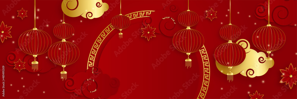 Chinese new year 2022 year of the tiger red and gold flower and asian elements paper cut with craft style on background. Universal chinese background banner. Vector illustration Chinese new year 2022 year of the tiger red and gold flower and asian elements paper cut with craft style on background. Universal chinese background banner. Vector illustration