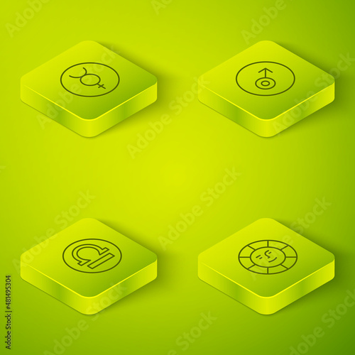 Set Isometric line Mars symbol, Libra zodiac, Sun and Symbol Mercury icon. Vector