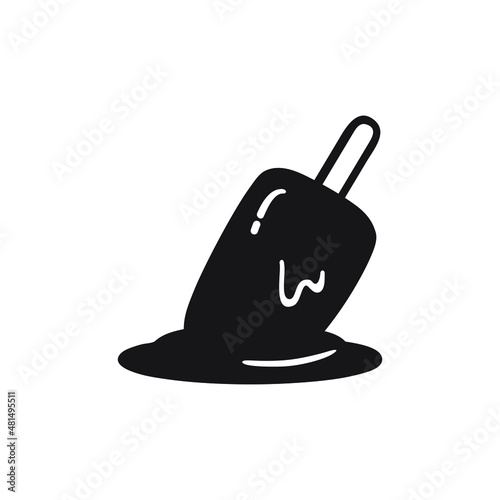 Black single melted popsicle on the floor icon. Simple falling sweet flat design pictogram, clipart vector illustration for app logo web button ui ux interface elements isolated on white background