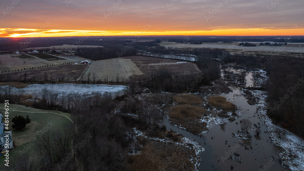 Fototapeta premium Drone Sunrise in Plainsboro Cranbury Princeton