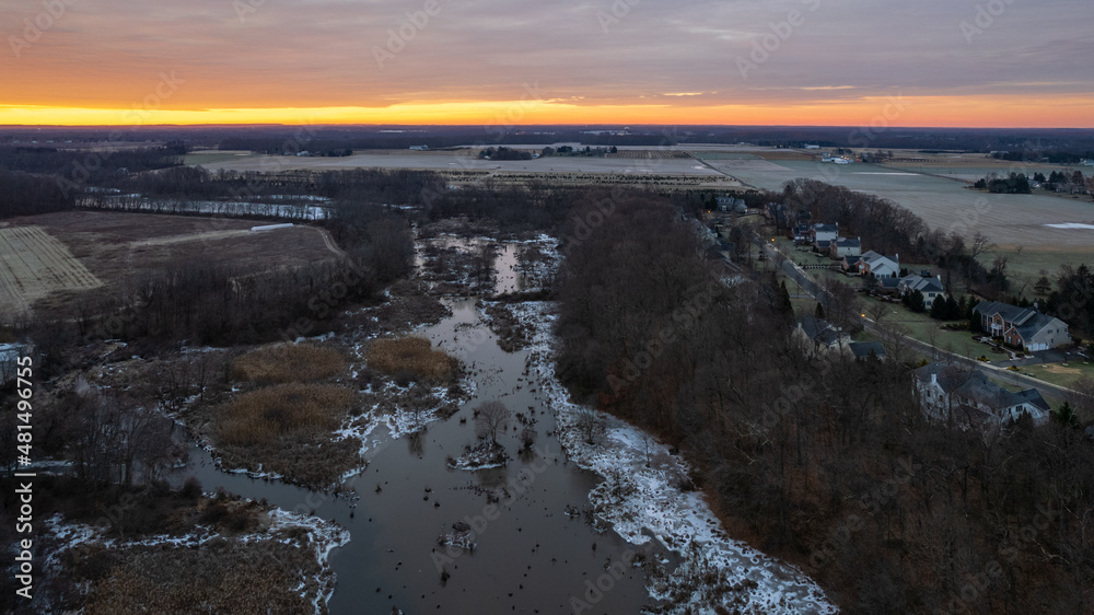 Fototapeta premium Drone Sunrise in Plainsboro Cranbury Princeton
