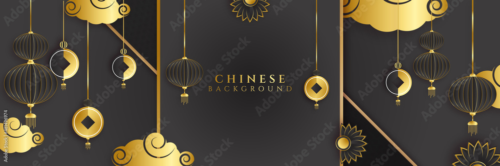 Chinese new year 2022 year of the tiger black and gold flower and asian elements paper cut with craft style on background. Universal chinese background banner. Vector illustration Chinese new year 2022 year of the tiger black and gold flower and asian elements paper cut with craft style on background. Universal chinese background banner. Vector illustration