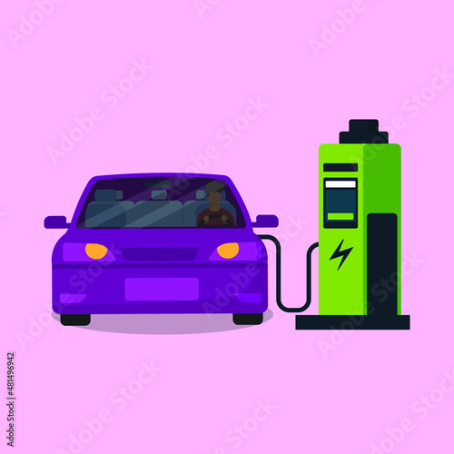 Electric car refueling electricity the charger station.  Simple modern design. Violet color icon. Vector illustration.