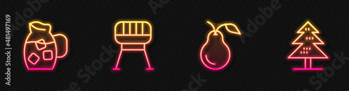 Set line Pear, Jug glass with water, Barbecue grill and Tree. Glowing neon icon. Vector