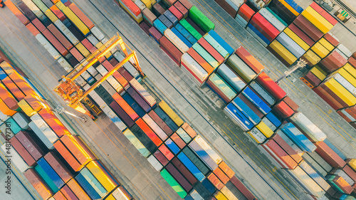 Aerial view of shipping container port terminal. Colourful pattern of containers in harbor. Maritime logistics global inport export trade transportation. photo