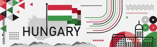 Hungary national day banner design. Hungarian flag and map theme with Budapest landmark background. Abstract geometric retro shapes of red and green color. Vector illustration. 