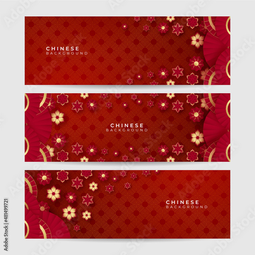 Chinese new year 2022 year of the tiger red and gold flower and asian elements paper cut with craft style on background. Universal chinese background banner. Vector illustration