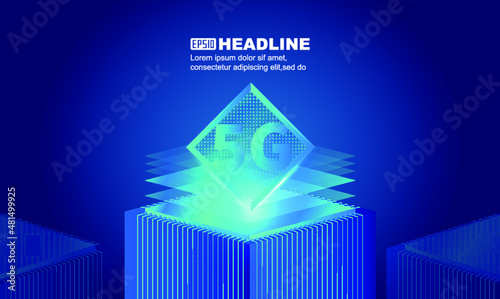 Luminescent 5G chip vector image on blue background