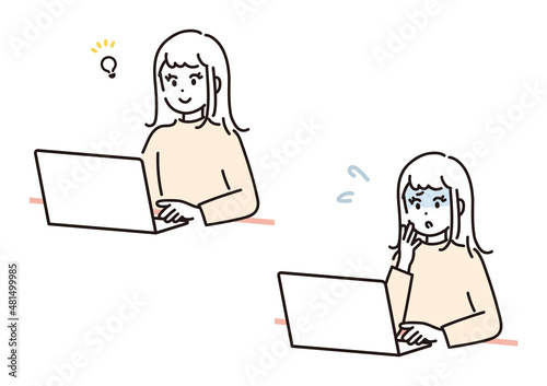 ノートパソコンで在宅ワークをする女性のイラスト素材セット
