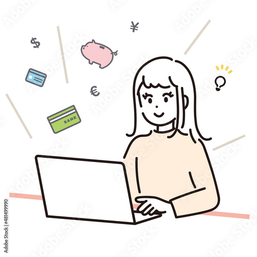 パソコンでお金の管理をする女性のイラスト素材