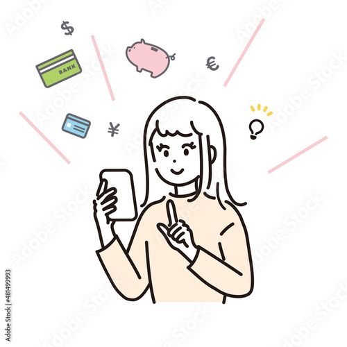 スマートフォンでお金の管理をする女性のイラスト素材