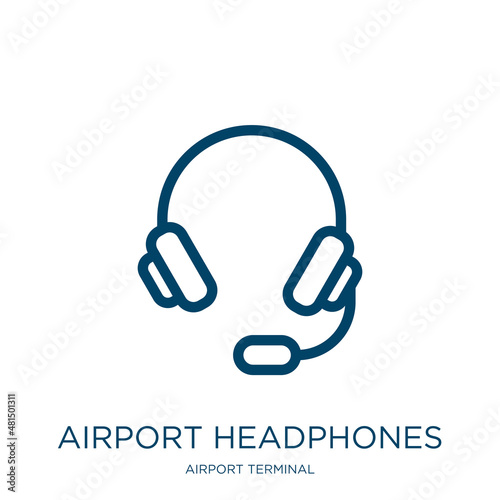 airport headphones icon from airport terminal collection. Thin linear airport headphones, airport, plane outline icon isolated on white background. Line vector airport headphones sign, symbol for web