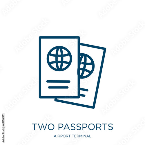 two passports icon from airport terminal collection. Thin linear two passports, passport, card outline icon isolated on white background. Line vector two passports sign, symbol for web and mobile