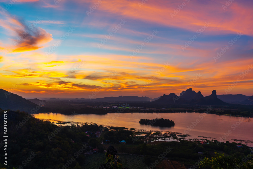 sunset with Khao Jeen Lae mountain and river at Lopburi, Thailand