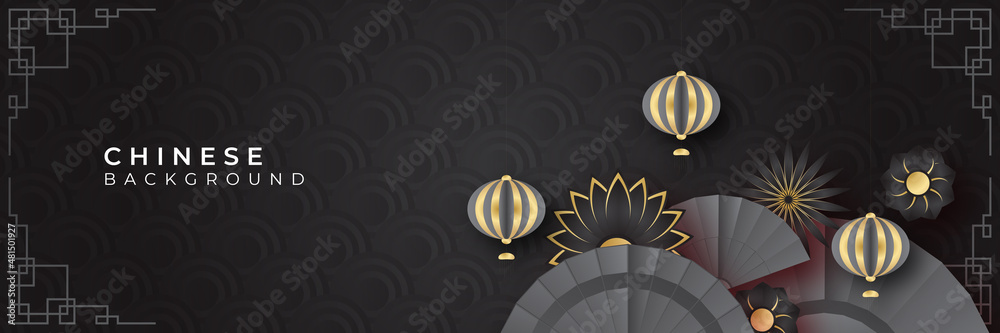 Fototapeta premium Chinese new year 2022 year of the tiger black and gold flower and asian elements paper cut with craft style on background. Universal chinese background banner. Vector illustration