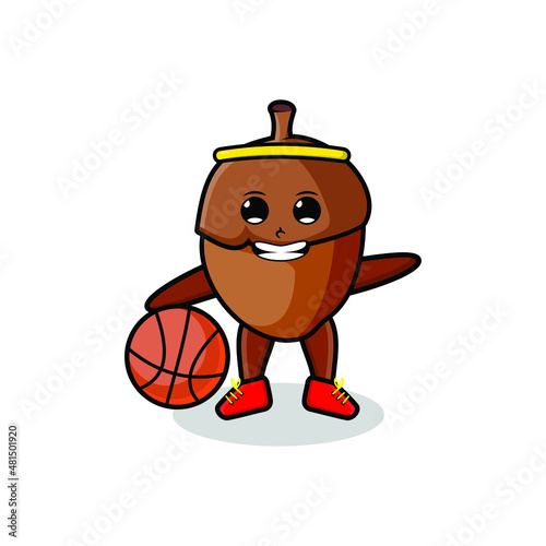 Cute cartoon mascot acorn playing basketball in modern style design for t-shirt, sticker, logo elements