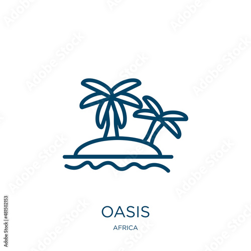 oasis icon from africa collection. Thin linear oasis, palm, tourism outline icon isolated on white background. Line vector oasis sign, symbol for web and mobile
