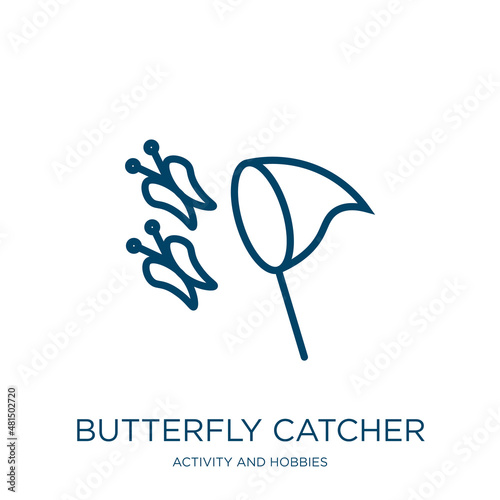 butterfly catcher icon from activity and hobbies collection. Thin linear butterfly catcher, catcher, butterfly outline icon isolated on white background. Line vector butterfly catcher sign, symbol for