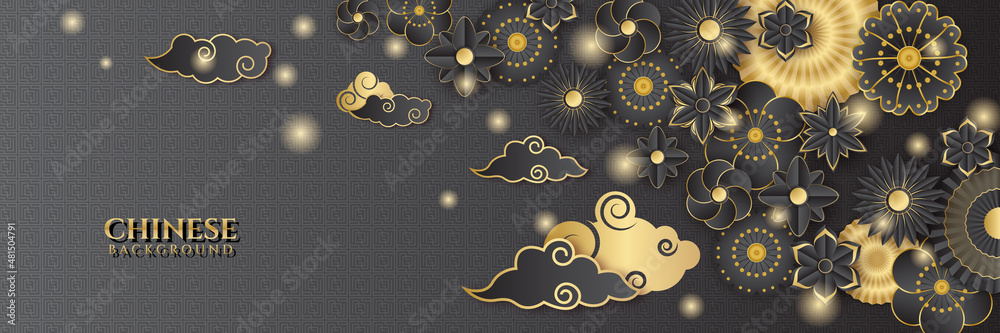 Chinese new year 2022 year of the tiger black and gold flower and asian elements paper cut with craft style on background. Universal chinese background banner. Vector illustration Chinese new year 2022 year of the tiger black and gold flower and asian elements paper cut with craft style on background. Universal chinese background banner. Vector illustration