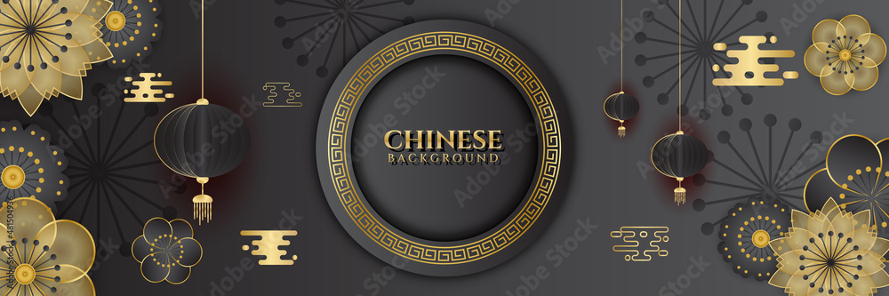 Chinese new year 2022 year of the tiger black and gold flower and asian elements paper cut with craft style on background. Universal chinese background banner. Vector illustration Chinese new year 2022 year of the tiger black and gold flower and asian elements paper cut with craft style on background. Universal chinese background banner. Vector illustration