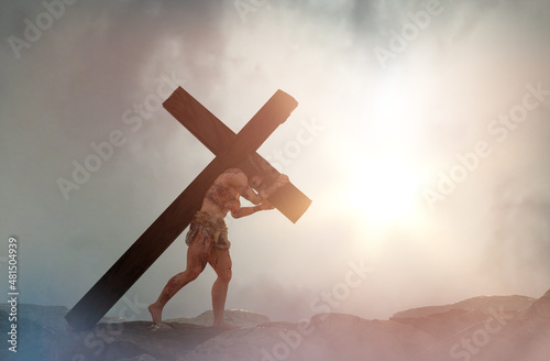 Fototapeta Jesus Christ carrying the cross render 3d